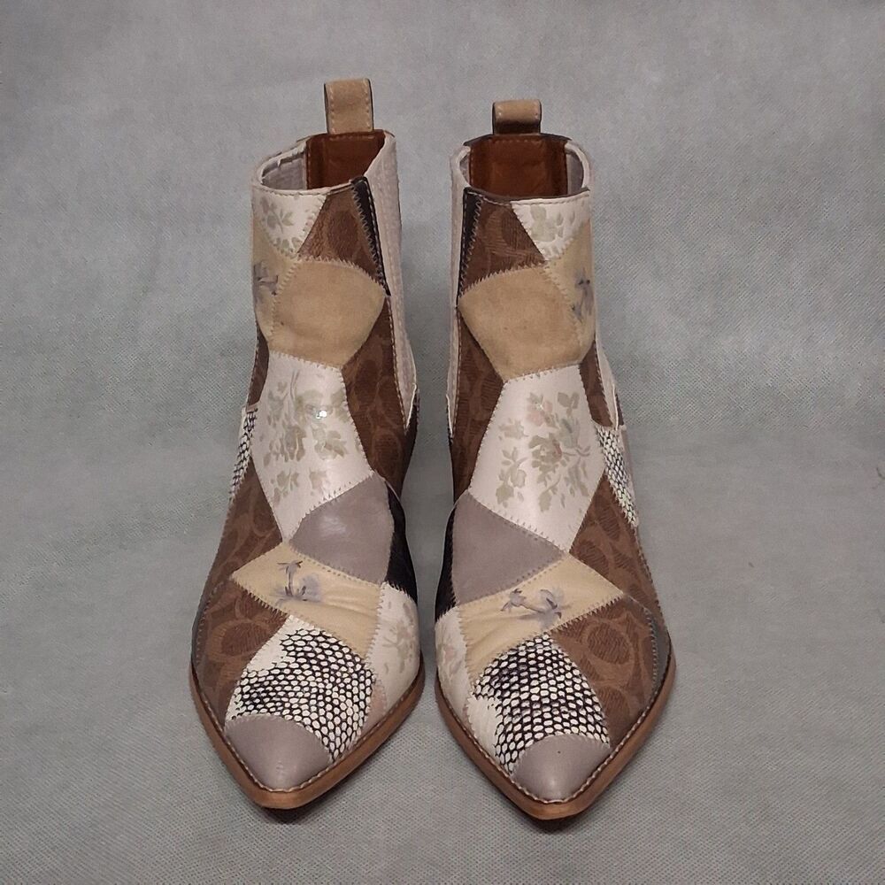 COACH Melody Ankle Boots Women's 9.5 B Beige Brown Patchwork - Picture 3 of 12